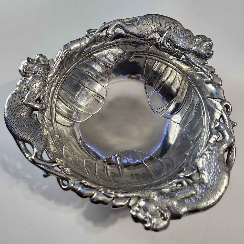 Retired Arthur Court Monkey Jungle Banana Leaf Bowl Cast Aluminum 1999 Safari